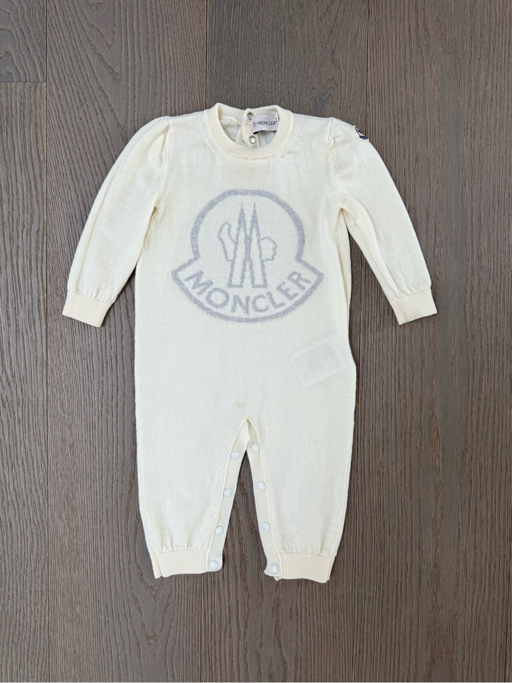 Moncler Cream Knit Logo Baby One-Piece Footie